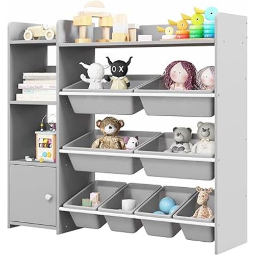 GLACER Kids Toy Storage Organizer, 4-Tier Toy Shelf w/8 Plastic Storage Bins & Metal Rack, Montessori Shelf w/Large Cabinet, Toddler Book Shelf and Toy Organizer for Nursery, Daycare, Playroom (Gray)
