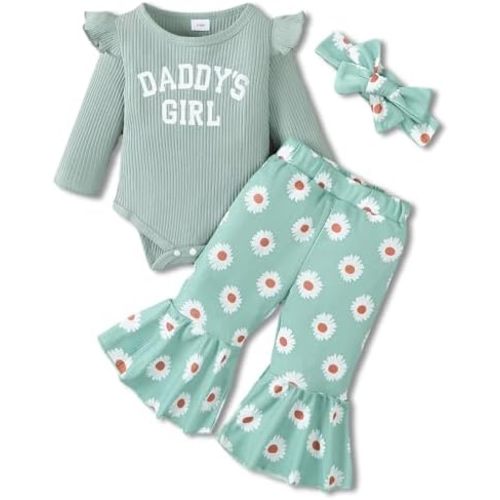 Jecson Newborn Baby Girl Clothes: Soft Cotton Infant Outfits Ruffles Sleeve Romper & Pants Set Cute Fall Home Outing 0-18M