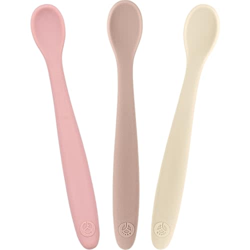 WeeSprout Silicone Baby Spoons - First Stage Infant Feeding Utensils With Soft-Tip, Bendable Kitchenware for Parent & Self-Feeding, Ultra-Durable, Dishwasher Safe, Travel Case, Set of 3