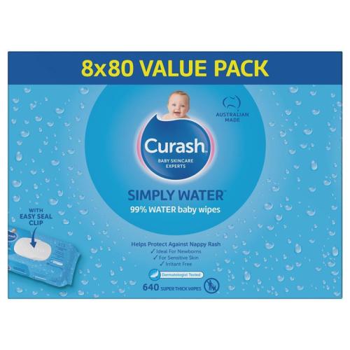 Curash Simply Water Wipes 8x80 Pack