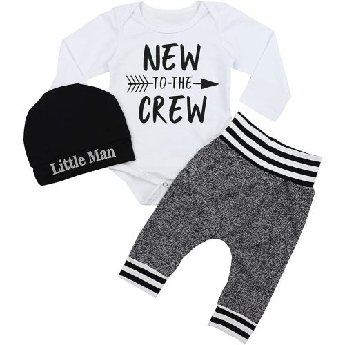Fommy Newborn Baby Boy Clothes New to The Crew Letter Print Romper+ Pants+Hat 3PCS Outfit
