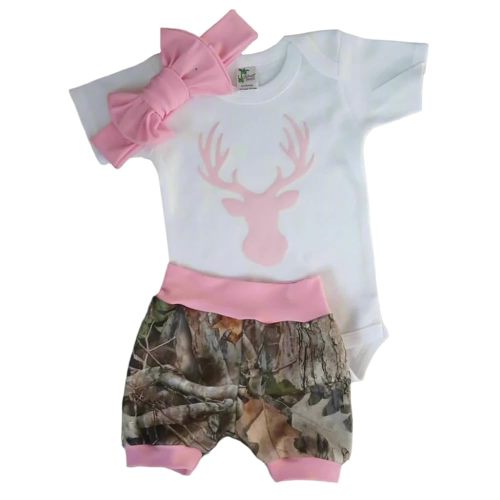 Baby Girl Camo Outfit Set, Pink Deer Bodysuit with Shorts and Headband, Hunting Theme