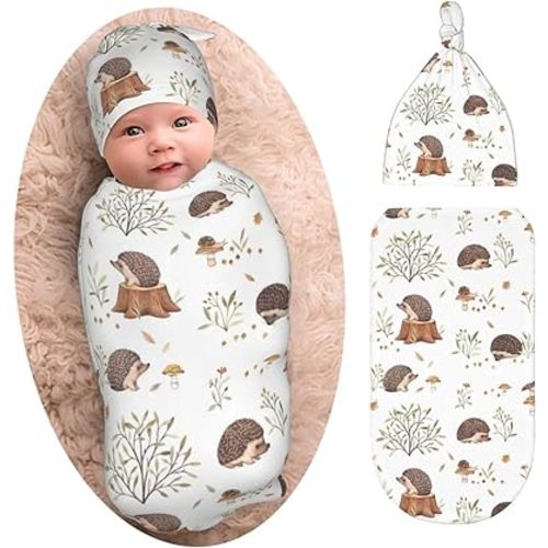 Hedgehog Baby Stuff Mushroom Newborn Swaddle Blanket with Beanie Set, Soft and Stretchy Baby Blanket Swaddle Sack for Boy and Girl