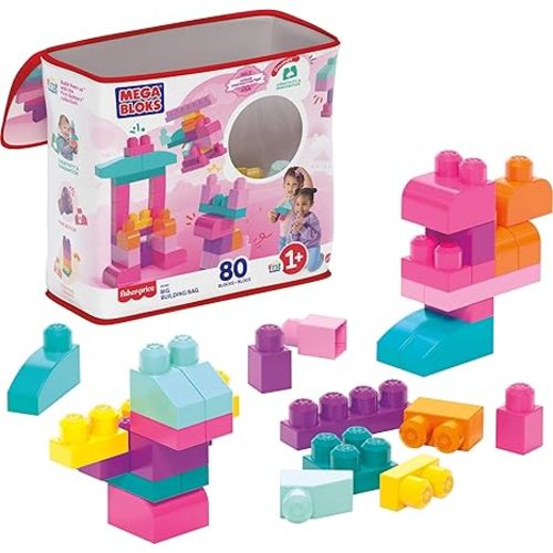MEGA BLOKS First Builders Toddler Blocks Toys Set, Big Building Bag Collection with 80 Pieces and Storage, Pink, Ages 1+ Years