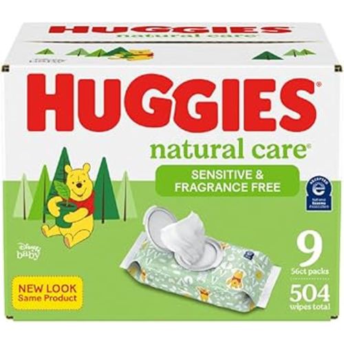 Huggies Natural Care Sensitive Baby Wipes, Unscented, Hypoallergenic, 99% Purified Water, 9 Flip-Top Packs (3 packs of 3), 504 Total Wipes (56 Wipes per pack), Packaging May Vary