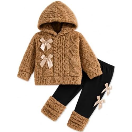 VARMILO Toddler Girls Fuzzy Hooded Bow Top and Leggings Set