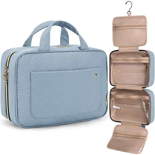 BAGSMART Toiletry Bag Travel Bag with Hanging Hook, Water-resistant Makeup Cosmetic Bag Travel Organizer for Accessories, Shampoo, Full-size Container, Toiletries (Lucent Blue, Large)