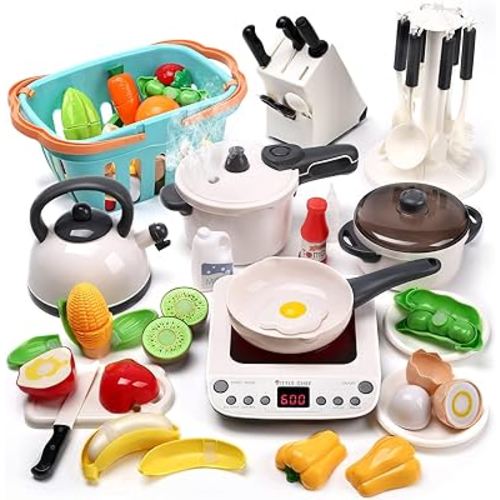 CUTE STONE Pretend Play Kitchen Toy with Cookware Steam Pressure Pot and Electronic Induction Cooktop, Cooking Utensils, Toy Cutlery, Cut Play Food, Shopping Basket Learning Gift for Girls Boys