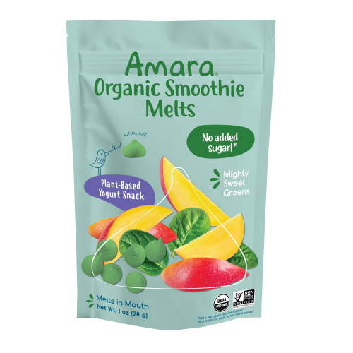 Amara Organic Smoothie Melts, Mighty Sweet Greens, Baby & Toddler Snacks, No Added Sugar, Stage 2, 1 oz Bag