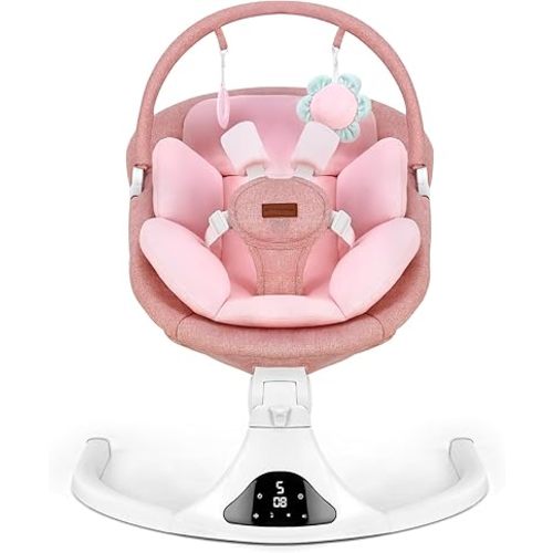Baby Swing, Infant Swing with Remote Control, 5 Speed Adjustable, Machine Washable Seat Pad, 5 Point Safety Harness, Bluetooth Music, Electric Swing for Babies, Indoor Outdoor Use (Pink)