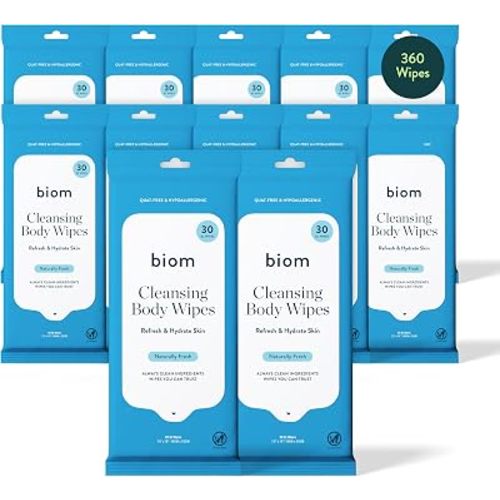 Biom Body Wipes - Travel Size 12-pack 30ct, Full Body Cleansing Wipe with Clean Ingredients, Thick Plant-Based Wipes for Sweat and Odor Removal - Hypoallergenic Travel Friendly - Naturally Fresh