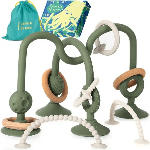 Jumble Jangle Baby Teething Toys – BPA-Free, Multi Purpose High Chair Toys for Babies: Suction Teething Relief with Sensory Toy Textures for Infants and Toddlers 3–24+ Months (Green)
