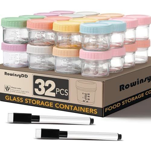 RowinsyDD 32 Pack Baby Food Containers, 4 oz Glass Baby Food Jars with Lids