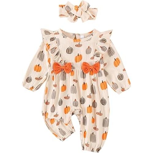 Newborn Baby Girl Halloween Clothes Puff Sleeve Cotton Linen Ruffle Pumpkin Print Jumpsuit Fall One Piece Outfits