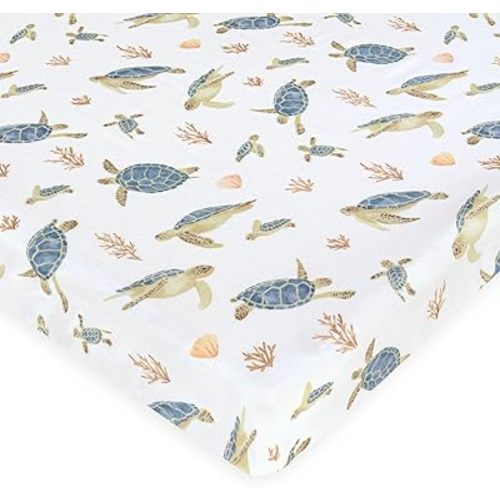 LifeTree Crib Sheets for Baby Unisex - Muslin Fitted Crib Sheets Toddler Bed Sheet, 70% Viscose from Bamboo and 30% Cotton, Fits Mini Crib & Pack and Play Playard, Sea Turtle, 26in x 38in
