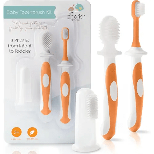 Cherish Baby Care Baby Toothbrush & Toddler Toothbrush Set (0-2 Years) - BPA-Free & Safety-Tested, 2023 Award Winner, Food-Grade Silicone (Orange)