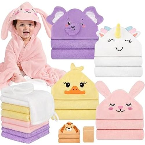 15 PCS Baby Bath Towels, 5 PCS Cute Animal Hooded Baby Towels & 10 PCS Washcloths Set for Infants Toddlers, Ultra Absorbent Soft Baby Bath Essentials Gifts for Boys & Girls