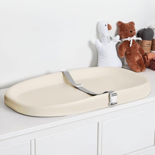 Papablic Baby Changing Pad – Soft & Wipeable Diaper Changing Table Mat for Dresser Bed Sofa, Built-in Safety Belt, Non-Slip, Waterproof, Easy to Clean – Ideal Gift for New Parents (Beige)