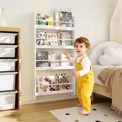 Tinyhomie 4-Tier Kids Bookshelf, Wall Mounted Kids’ Bookcases Organizer for Toys and Books