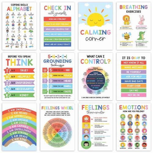 12 Pcs Calming Posters – ESL, Emotions Chart & Feelings Wheel for Kids, Calm Down Corner Supplies, Classroom & Therapy Decor Visual Learning to regulate emotions and emotional intelligence Tools