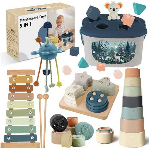 Montessori Toys for 6-12 Months, Baby Toys 6-12-18 Months with Baby Blocks Cup Toy, Pull String Toy, Shape Sorting Baby Development Toys for 6+ Month Girls Boys Birthday Chiristmas Gifts