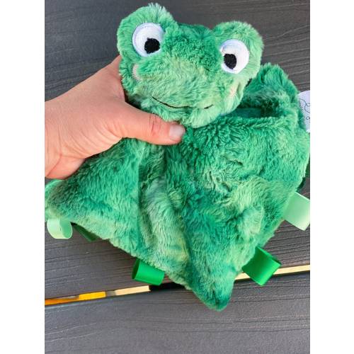 Handmade personalized frog lovey / tagged animal baby comfort item / crinkle tag toy lovie / amphibian baby shower gift / embroidered name