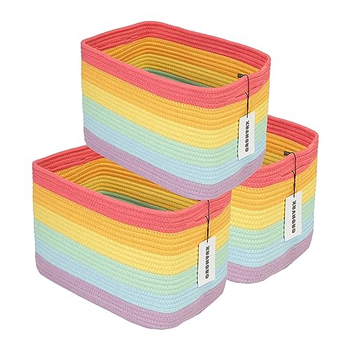 XUANGUO 3-Pack Rainbow Storage Baskets 15X10X9.3“ – Woven Toy Organizer Bins for Kids, Baby Room, Nursery, and Classroom – Cute Square Rope Baskets for Shelves and Organization Rainbow