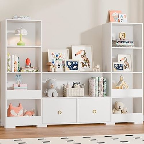 Cozy Castle 4 Tier Kids Bookshelf, 70.7" Wide Combination Bookcase with 2 Drawers, 9 Cube Toy Storage Organizer for Playroom, Nursery, Classroom, Bedroom, Living Room, White