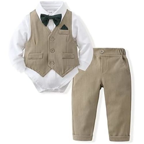 DISAUR Baby Boy Clothes Toddler Boy Outfits 4PCS Gentleman Dress Romper/Vest/Pants/Bow Tie Cotton Suit Sets