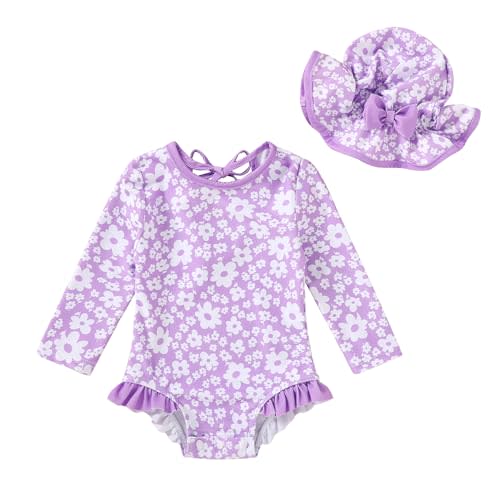 YOUNGER TREE Infant Baby Girls Swimsuit Long Sleeve Swimsuits One Piece Swimsuit Solid Color Bathing Suit with Hat, UPF 50+
