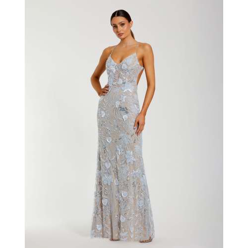 Blue Sleeveless Embellished Open Back Column Gown