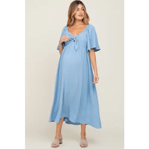 Large - Blue Textured Dot Front Tie Ruffle Sleeve Maternity Midi Dress