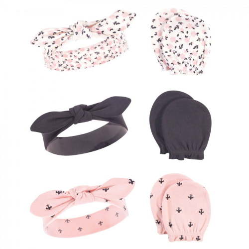 Hudson Baby Infant Girl Cotton Headband and Scratch Mitten 6pc Set, Berry Floral, 0-6 Months