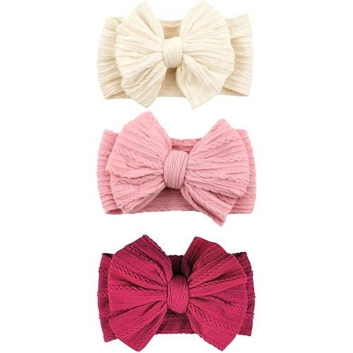 3 Pcs Valentines Baby Bows Headbands Soft Nylon Hairbands Super Elastic Headband Hair Accessories For Baby Girls Infant Toddler Essentials (Beige Pink Red, Mid)
