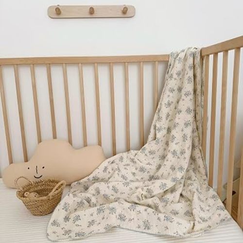 Blue Floral Muslin Baby Blanket for Girls Boys, Fressia, 47"x51"