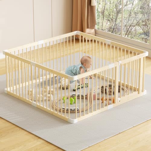 Large Wooden Baby Playpen, Adjustable Gate for Toddler and Babies, Foldable Baby Fence Play Yard with Door, Safe Play Area Kids Activity Center Indoor Outdoor (56 * 56 * 24 Inch)