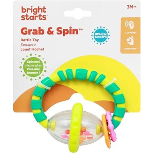 Bright Starts Grab & Spin Baby Rattle & BPA-Free Teether Toy, Ages 3 Months+ (Pack of 2)
