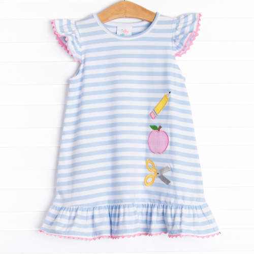 Classroom Essentials Applique Dress, Blue Stripe – Stitchy Fish