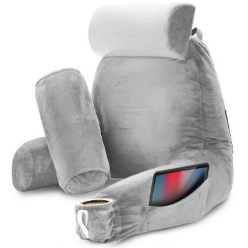 Nestl Memory Foam Reading Pillow, Large Reading & Bed Rest Pillow, Light Grey Back Pillow with Pockets