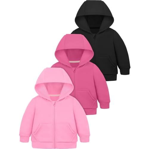 Cooraby 3 Pieces Baby and Toddler Girls Fleece Full-Zip Hoodies Lightweight Jacket with Pockets Winter Coat for Baby Girls