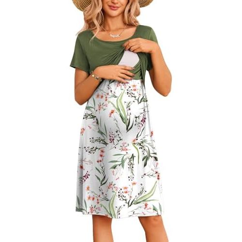 Ekouaer Women's Nursing Dress Summer Short Sleeve Patchwork Maternity Breastfeeding Knee Length Dress