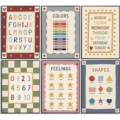 6Pcs Educational Nursery Canvas Wall Art, Kids Learning Alphabet Painting Picture Wall Decor, Preschool Numbers Poster Print Artwork for Children Room, Kindergarten, Home Decoration 8x10in Unframed