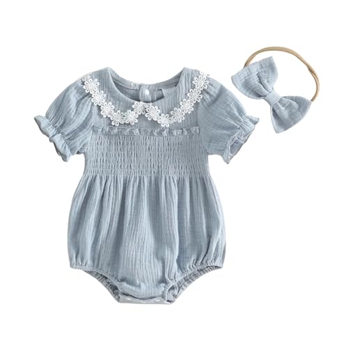 Summer Baby Girl Clothes Newborn Cotton Linen Romper Short Sleeve Infant Onesie Smocked Bodysuit Baby Outfits