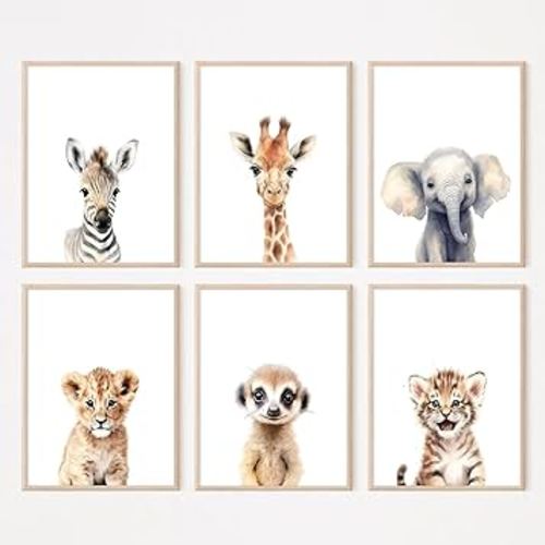 Wodkwq Nursery Wall Art Safari Animal Canvas Prints Baby Girl Boy Room Decor Poster Pictures Cute Jungle Theme Toddler Room Decoration Painting Set of 6 for Kids Bedroom Bathroom 8x10in Unframed