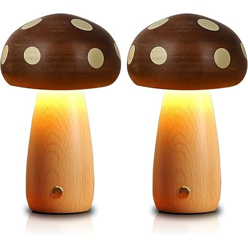 2 Pack LED Wood Mushroom Table Lamp, Rechargeable Cordless Touch Bedside Small Lamps, Wireless Stepless Dimming Night Light, Portable Battery Lamp for Bedroom Nightstand for Birthday Gifts