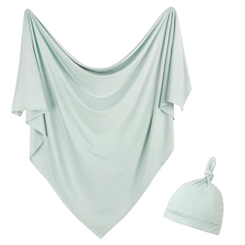 Aijoviko Newborn Swaddle Blanket with Hat Set Baby Swaddle Set Hospital Receiving Blankets for Girls Boys(Sage,35"*35")