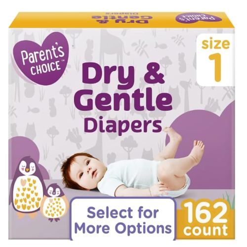 Parent Choice Dry & Gentle Diapers, Size 1, 162 Count, Dermatologically Tested, Fragrance-Free