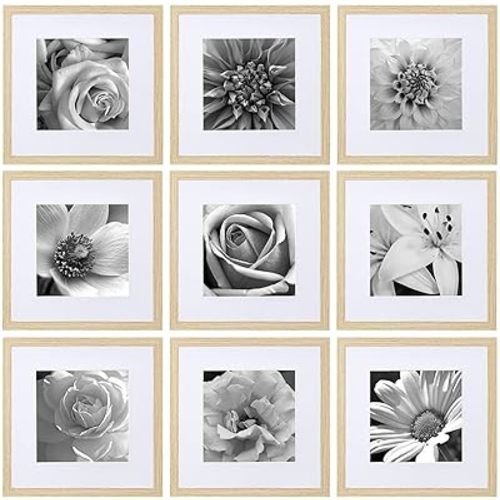 eletecpro 12x12 Picture Frames Set of 9 with Clear Acrylic Cover, Display 8x8 Photos with Mat or 12x12 Without, Classic and Sturdy Square Collage Gallery Wall Decor, Easy Wall Mount, Natural