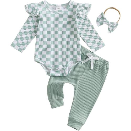 Hnyenmcko Newborn Baby Girl Fall Outfits Rib Frill Long Sleeve Ruffled Romper Solid Pants Headband Set 3Pcs Winter Clothes