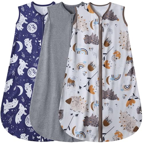 BSTOPPT 3 Pack Baby Sleep Sack 100% Rayon Cotton Baby Sleeping Bag 2-Way Zipper Toddler Wearable Blankets TOG 0.3. (Fox&Dinosaurs&Dark gray, 0-6 Months)